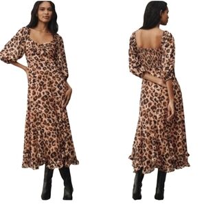 Anthropologie Hutch Printed Twist-Front Puff-Sleeve Ruffle-Hem Dress Medium